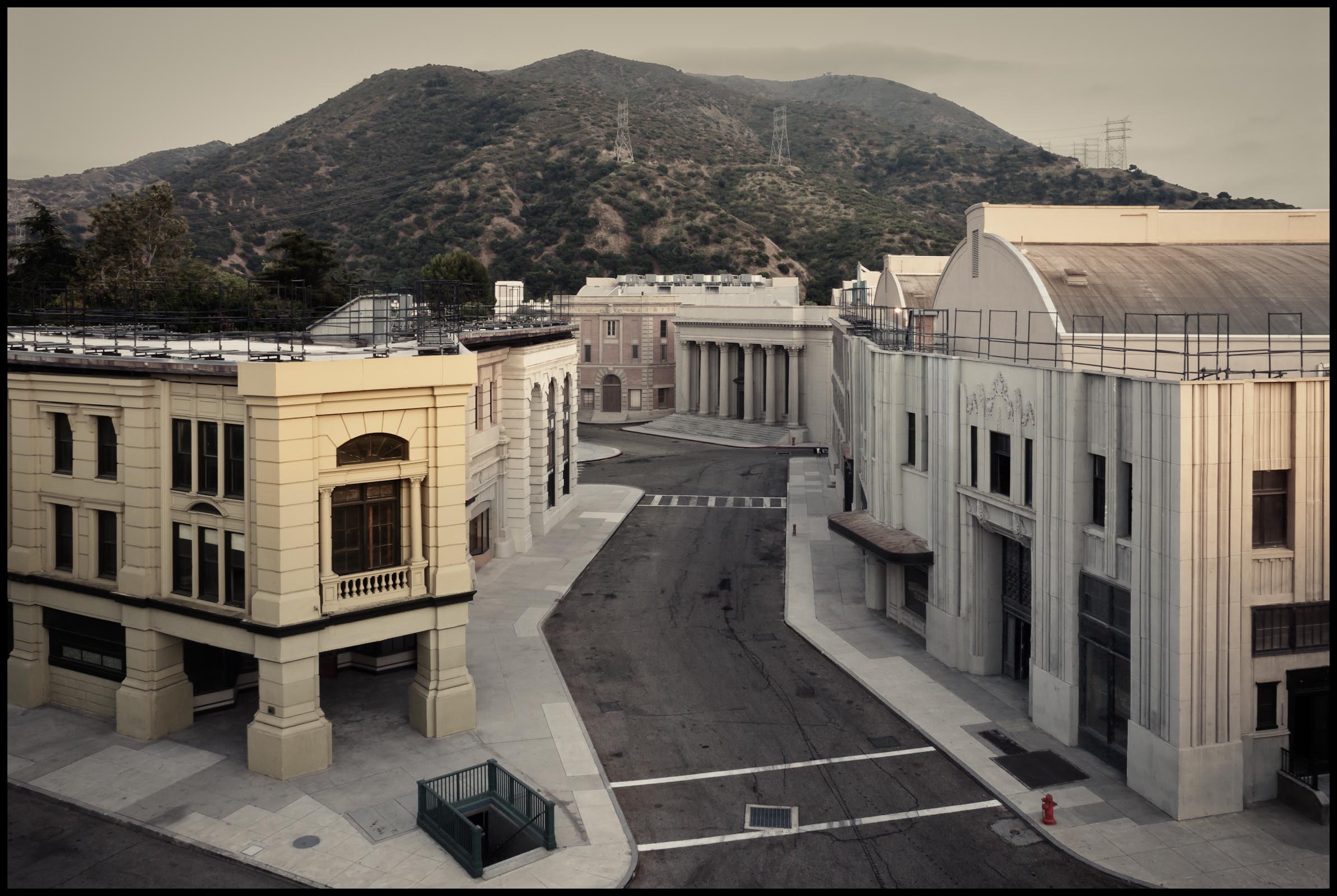 Warner Bros Studios, Overhead view of backlot at twilight - Burbank, CA - Los Angeles Magazine